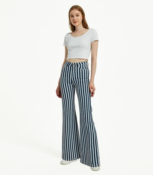 

women's jeans superaen casual fashion vertical striped pants stretch high waist loose big horn wide leg trousers, Blue