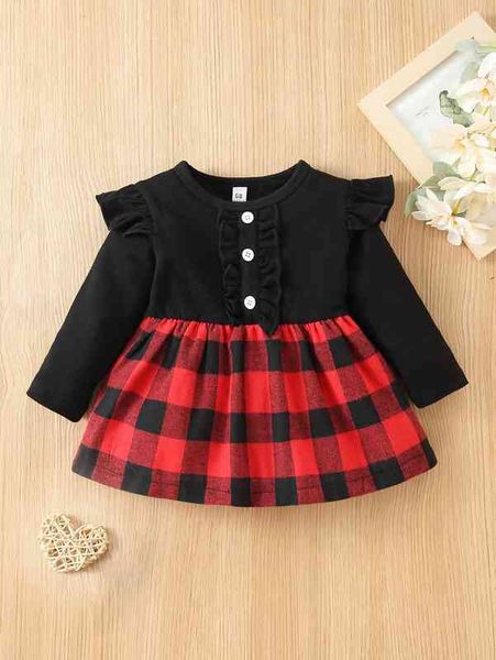

baby buffalo plaid fake button ruffle trim dress she, Red;yellow