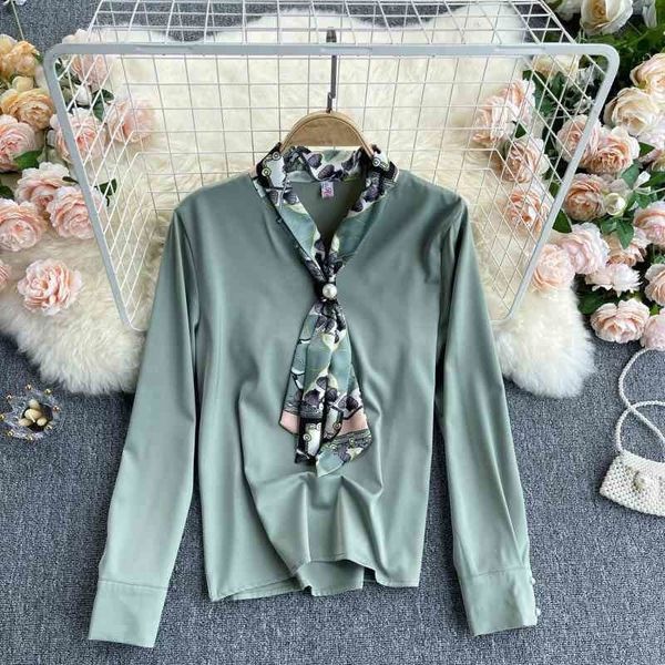 

spring women's blouse, light and mature style, elegant printed silk scarf collar temperament, versatile french blouse 210525, White