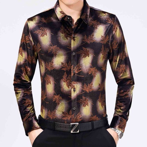 

2021 spring autumn maple leaf printing slim fitting long sleeve golden veet shirt middle-aged and elderly quality men's, Black
