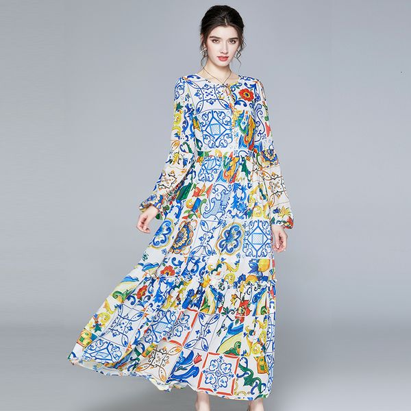 

2021 new merchall fashion runway sleeve maxi es women's lace up o-neck blue and white porcelain print holiday long ygu5, Black;gray