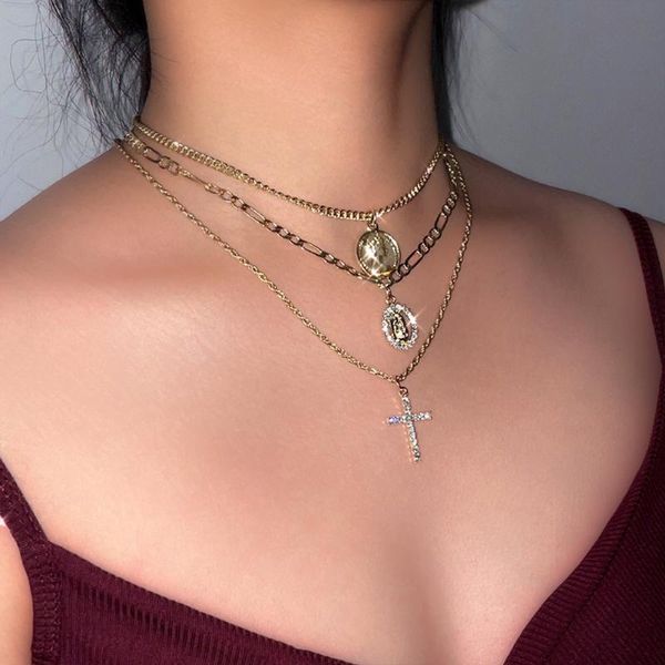 

chains vintage multi-layer cross crystal necklace for women fashion coin portrait pendant gold color chain 2021 jewelry, Silver