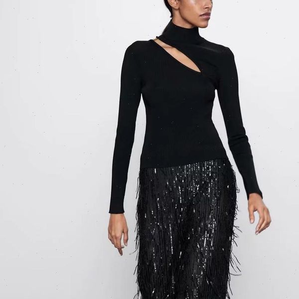 

za 2021 autumn winter womens knitted sweater hollow tight stretched chic lady slim casual sweater female pullover, White;black