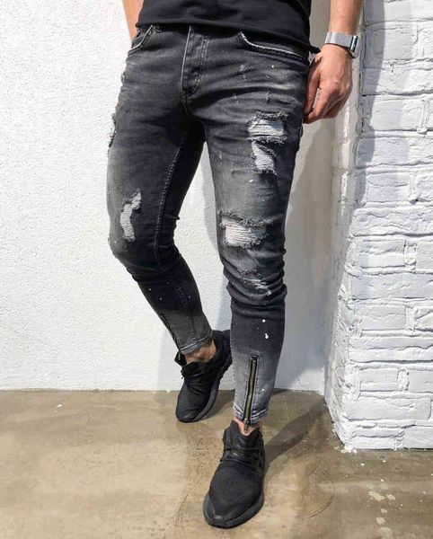 

mens boutique autumn pencil slim elastic small leg pants large men's hole ripped denim jeans, Blue