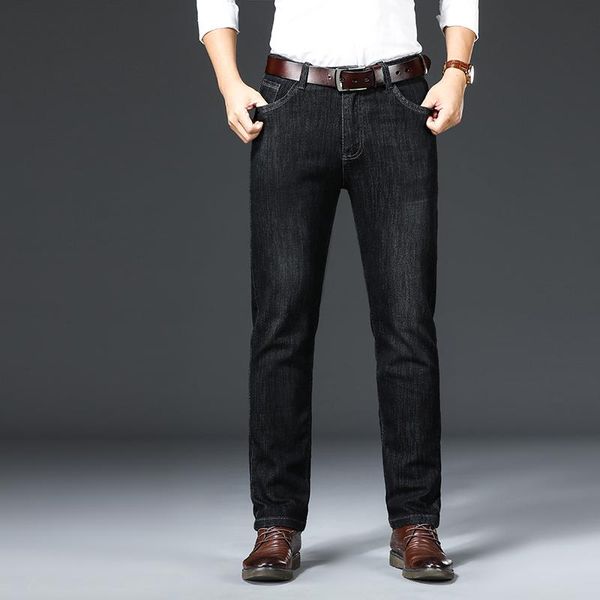 

men's jeans 2021 autumn winter men male straight fit pants classic denim elasticity fashion trousers thick black, Blue