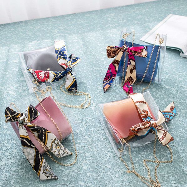 

2021 summer fashion women's pvc transparent mobile phone change single shoulder messenger silk scarf jelly daughter bag
