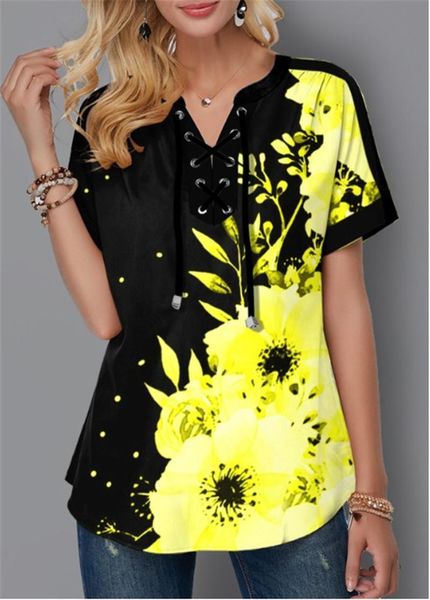 

women's t-shirt women short sleeve summer t shirts fashion flowers print bandage v-neck tees loose casual lady shirt 5xl plus size, White