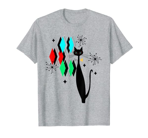 

retro mid century modern cool cat diamonds and starbursts t-shirt, White;black