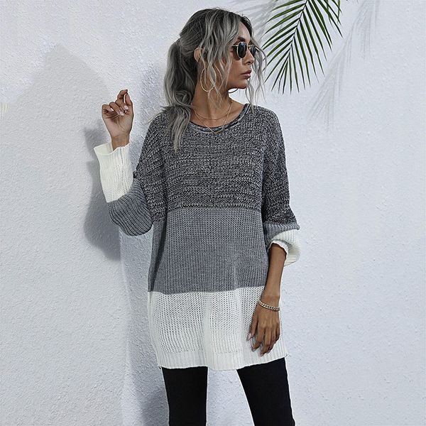 

2021 autumn winter casual jumper fashion patchwork color knitted long pullovers sweater for women new ich3, White;black