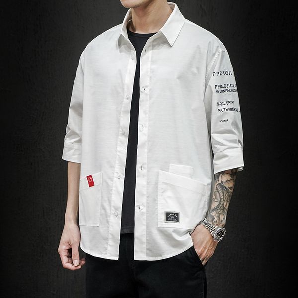 

2021 new men 's casual jacket half sleeve plaid hip hop shirt spring and autumn fit p0d1, White;black