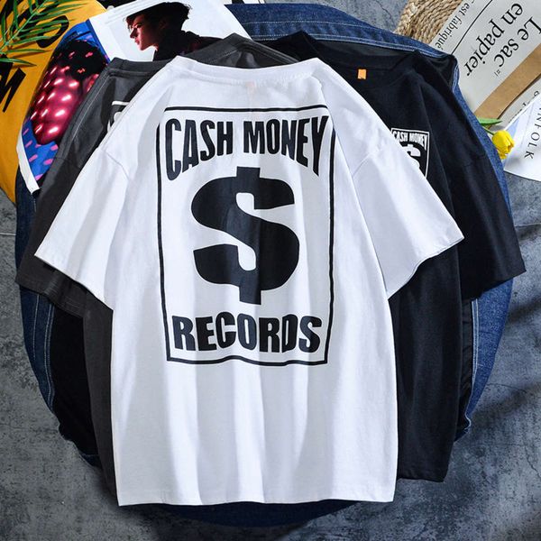 

2021 spring / summer new trend money print off shoulder t-shirt loose men's and women's short sleeve bottom coat, White;black