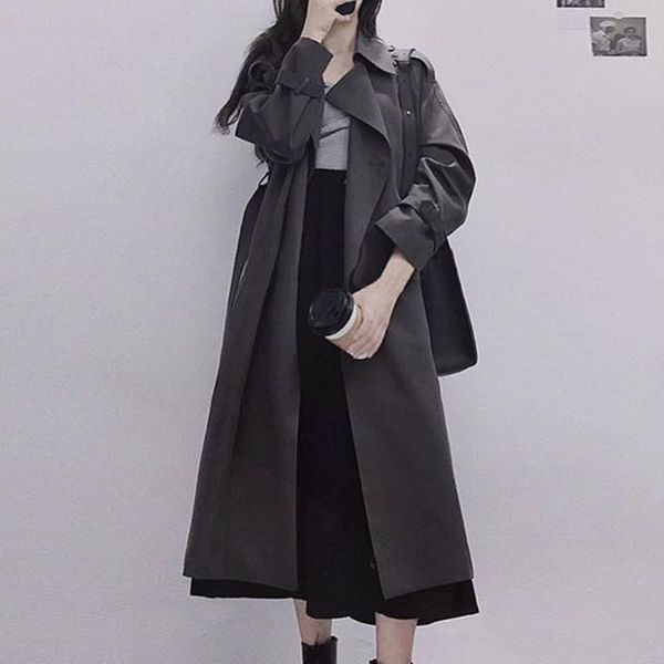 

women's wool & blends autumn korean minimalism style women long sleeve trench coat solid loose cardigan fashion double breasted thicken, Black