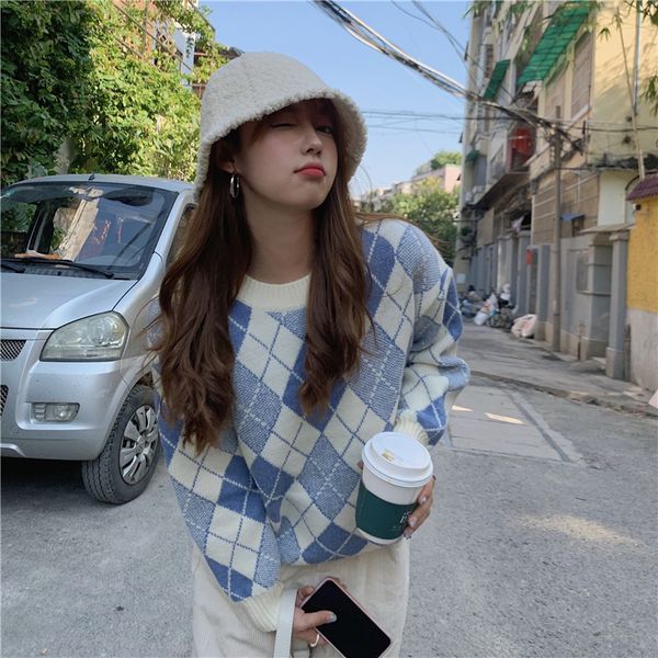 

2021 new winter contrast loose chess sweater casual ca5i, White;black