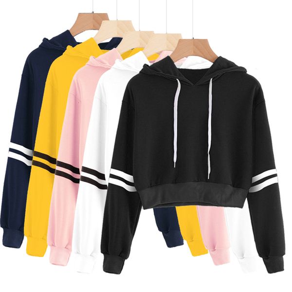 

women hoodie 2021 sweatshirt /girl hoodies solid color pullover high waist dew navel hoody long sleeve crop, Black