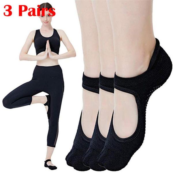 

sports socks 3pairs yoga women anti-slip silicone dance sport pilates non-slip ballet gym fitness sock #3j04, Black