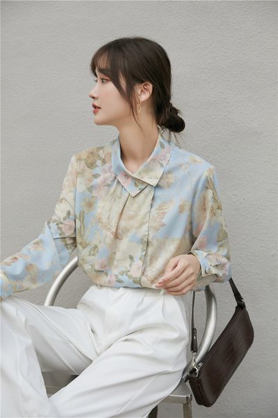 

2021 new vintage floral print korean blouse women long sleeve button up skew collar shirt fall ladies clothing nuq7, White