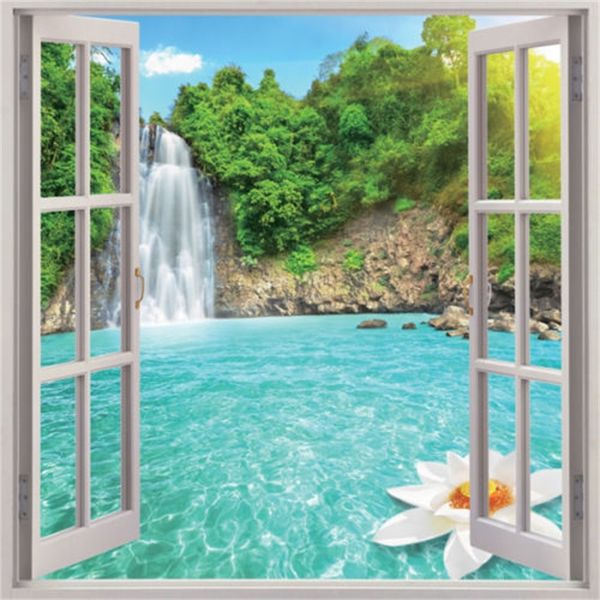 Kostenloser Versand Wasserfall 3D Fensteransicht abnehmbare Wandkunst Aufkleber Vinyl Aufkleber Home Decor Wandbild 210308