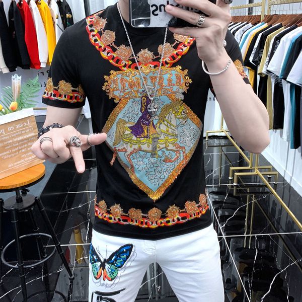 

2021 luxury strass t-shirt of men short sleeve neck tees streetwear vintage casual shirt thin social adjustment male clothes sx1x, White
