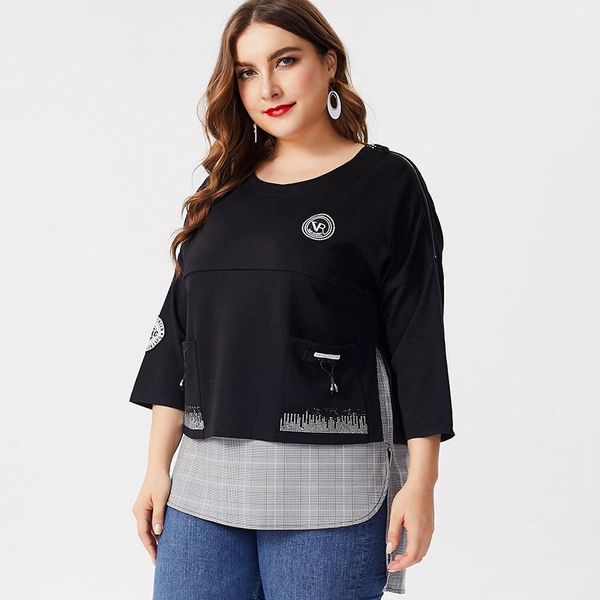 

plus size t-shirt 2021 autumn womens long sleeve plaid fashion ladies vintage elegant mom fake two pieces blouse, Black