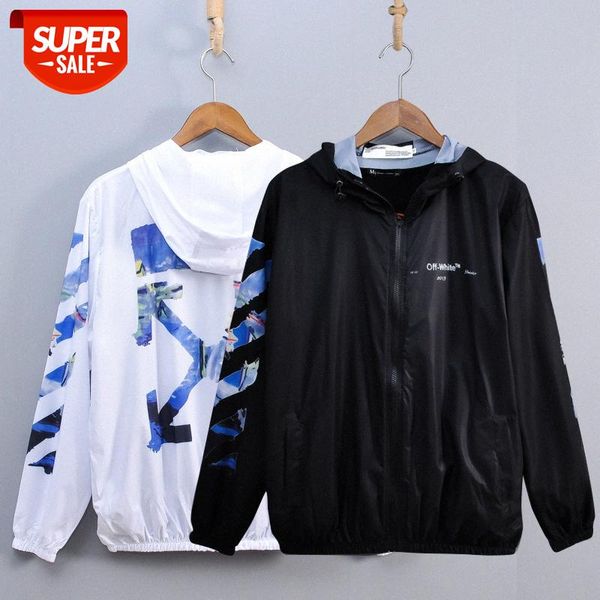 

white graffiti oil painting arrow ow loose men and women couples hooded sunscreen windbreaker #cg15, White;black