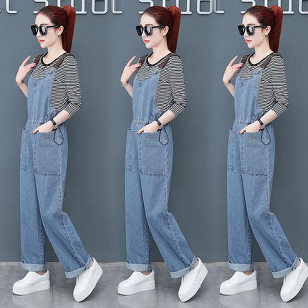 

women's tracksuits 2021 spring and autumn fashion ladies korean version of the loose large size retro denim wide leg bib two-piece suit, Gray
