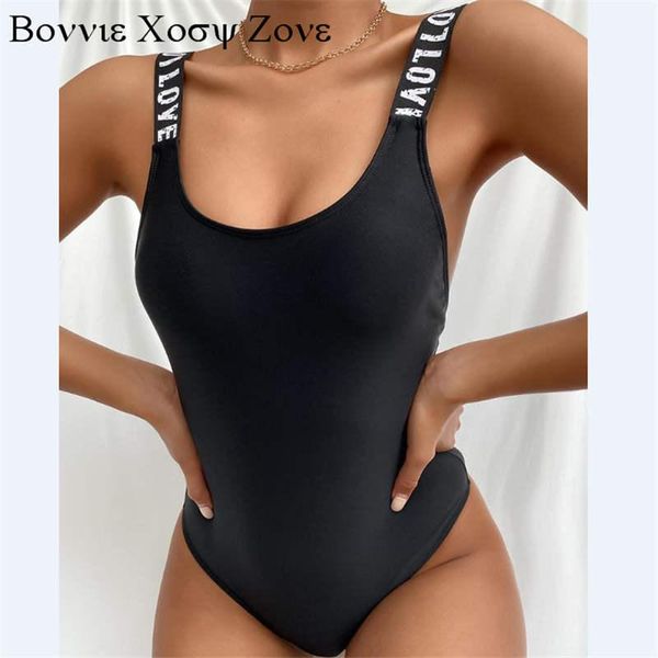 

women summer u-neck letter print crisscross backless one-piece swimsuit skinny vacation swimwear