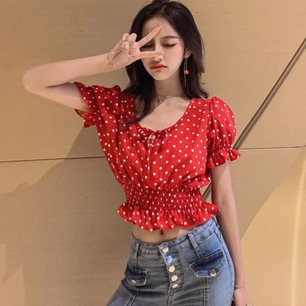 

women's blouses & shirts women short sleeve ruffles chiffon blouse fashion dot print v-neck female shirt summer x, White