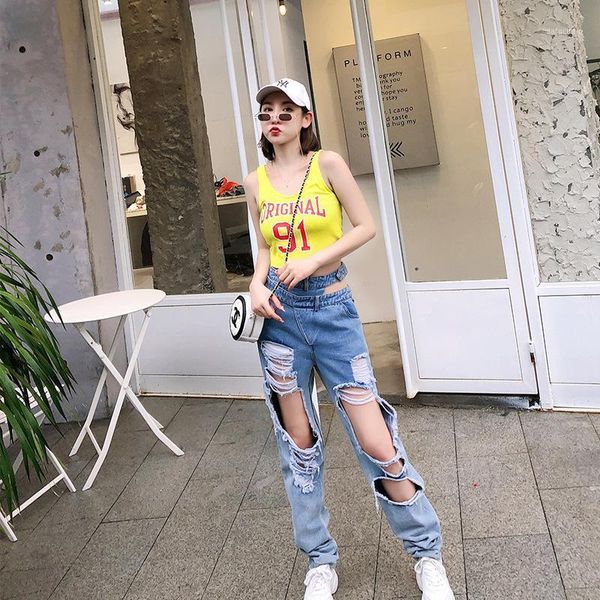 

women's jeans european goods waist-leaking ripped worn hollow-out pants all-matching casual trousers student fashion, Blue