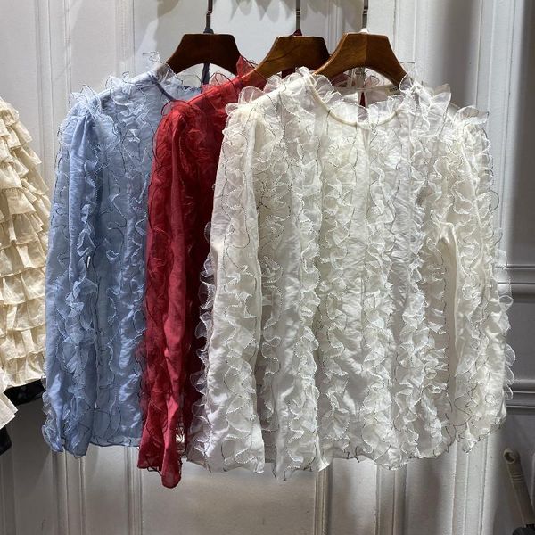 

women's blouses & shirts french style autumn 2021 simple temperament silk cotton thin shirt long sleeve 3d ruffles edge design top, White