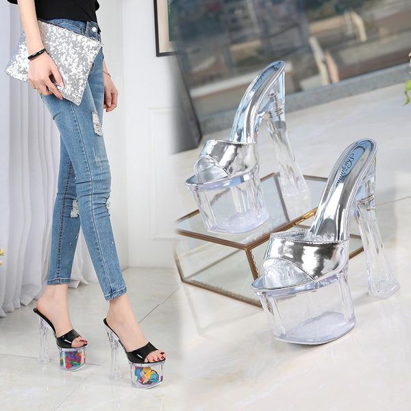 

dress shoes big size 34-40 woman transparent crystal 17cm ultra high heel sandals square wedding party heels summer, Black