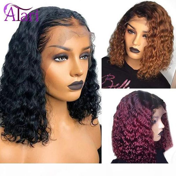 

deep wave bob lace front wig 1b 27 1b 99j deep curly human hair wigs brazilian virgin wigs for women pre plucked short bob wig, Black;brown