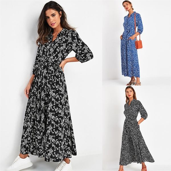 Frauen Herbst Vintage Floral Print Maxi Kleid Frauen Boho Sieben Punkte Ärmel Langes Kleid Drehen Unten Kragen Casual Chiffon Kleider 210309