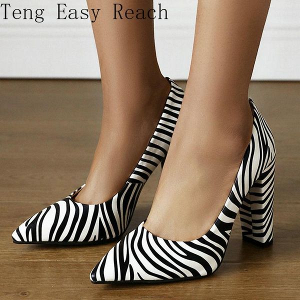 

dress shoes fashion zebra pattern summer women pumps thick high heel slip on lazy female pointed toe party spring autumn 39 40, Black