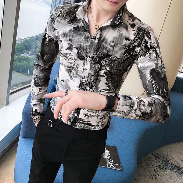 

men's casual shirts korean slim fit men shirt brand long sleeve print mens night club/party/prom dress male clothing 3xl, White;black