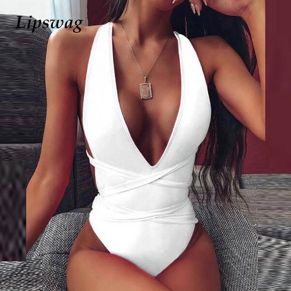 

2021 deep v-neck bandage one piece swimsuit bikini push up swimwear bathing suit women cross backless monokini bodysuit xl