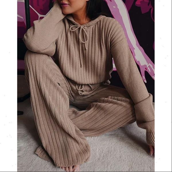 

casual solid rib knit women tracksuits clothing sets long sleeve hooded hoodies high waist drawstring straight pants lady loungewear, Gray