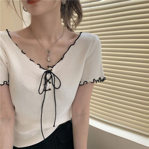 

women's t-shirt y2k harajuku femme casual summer v-neck black bandage tee shirts short sleeve korea kawaii cute women t shirt cr, White