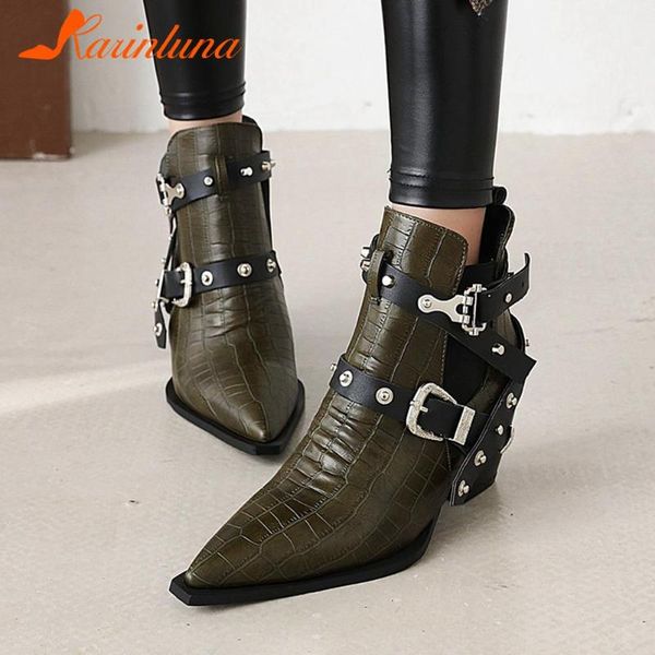 

boots karin plus size 34-50 ladies chunky high heels ankle pointed toe buckle rivet women party ol woman shoes, Black