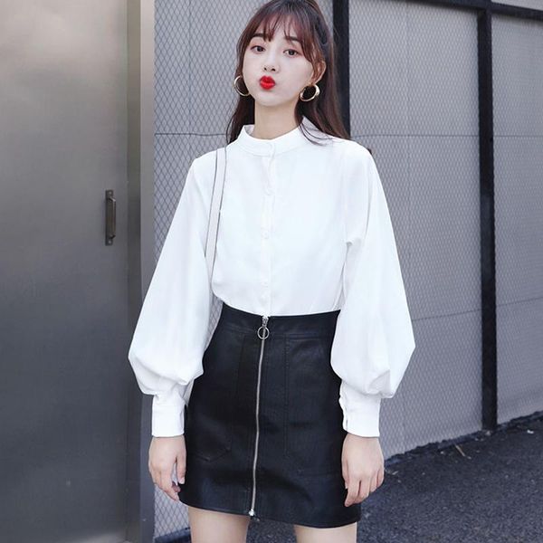

women's polos office work blouse shirts elegant women spring single breasted stand collar lantern sleeve solid vintage, White