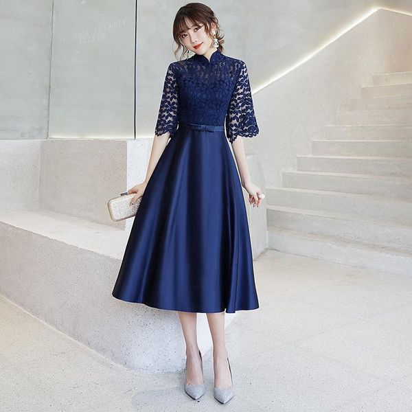 

ethnic clothing navy blue women hollow out cheongsam skirt elegant half sleeve banquet mid-length qipao satin evening dresses wedding party, Red