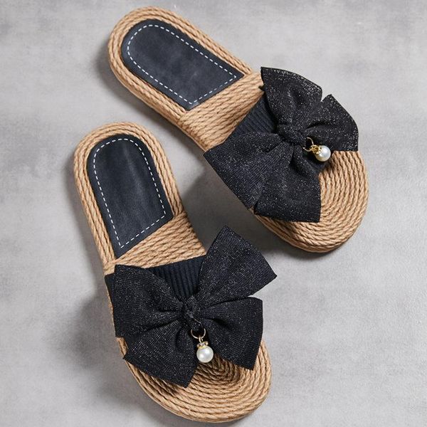 

slippers low flat shoes female woman's butterfly-knot rubber flip flops slides 2021 summer hawaiian tpr cotton fa, Black