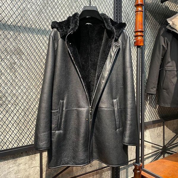 

men's leather & faux detachable hooded men medium long sheepskin fur shearling coat winter business casual real jackets presale, Black