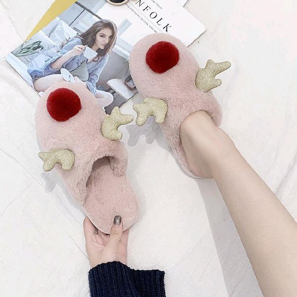 

slippers warm plush cute 2021 winter women's elk reindeer christmas slip on flat female soft house shoes ladies comfort, Black