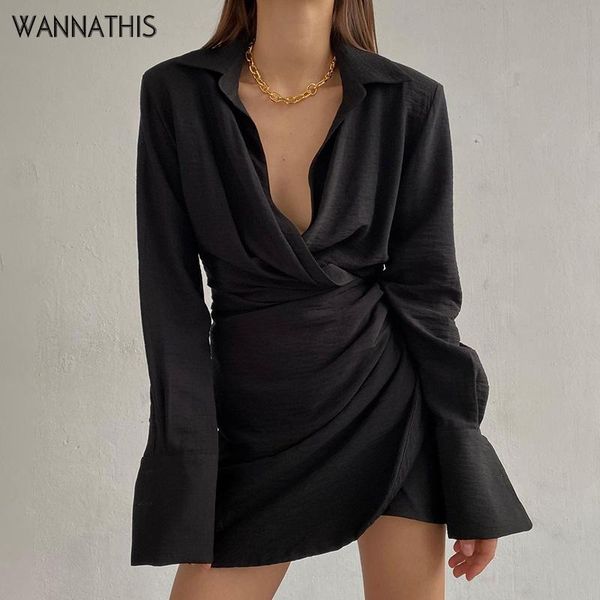 

casual dresses wannathis women shirt dress ruched elegant turn-down collar long sleeve office party solid autumn mini vestidos lady, Black;gray