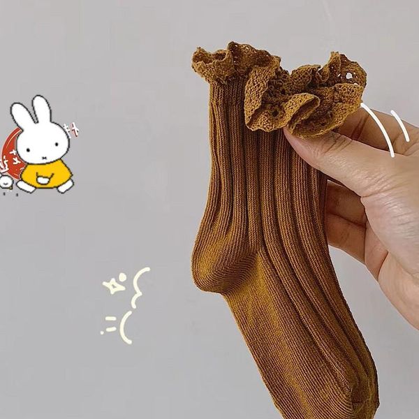 

socks 2021 spring autumn baby kids solid color ribbed cute lace edge thin for girls, Pink;yellow