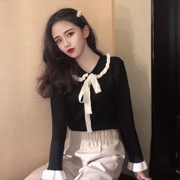 

woman doll collar butterfly womens sweaters lace color block knitwear autumn winter western style loose long sleeve top, White;black