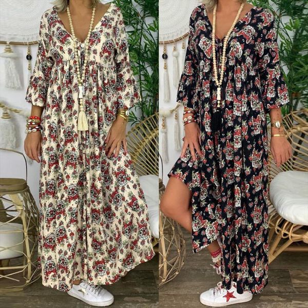 

casual long sleeve loose women dresses plus size v neck maxi ladies fashion large vestido de mujer, Black;gray
