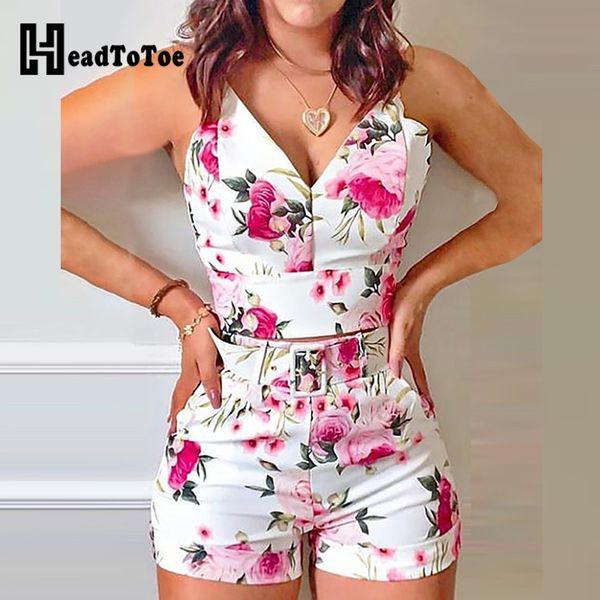 

floral print spaghetti strap & shorts set summer women two piece set, White