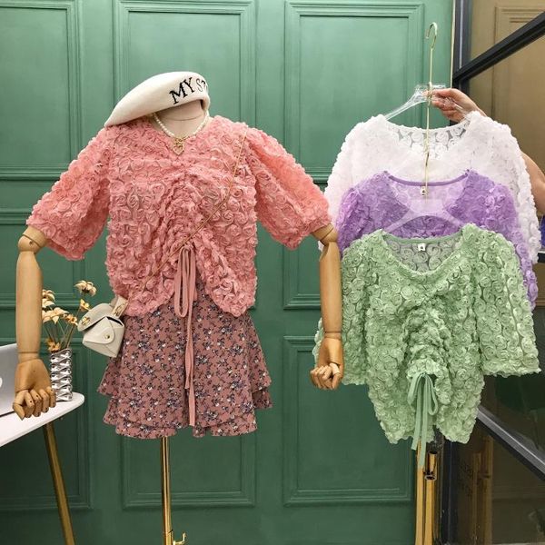 

women's blouses & shirts three-dimensional flowers blouse for women 2021 summer korean style elegant round neck drawstring lace shirt b, White
