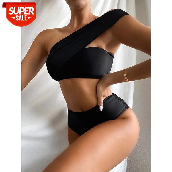 

Sexy One Shoulder Bikini Black Swimwear Women Swimsuit 2021 Bandeau High Waist Bikinis Set Push up Bathing Suit Woman Swim Wear #Ew4Z, White;black